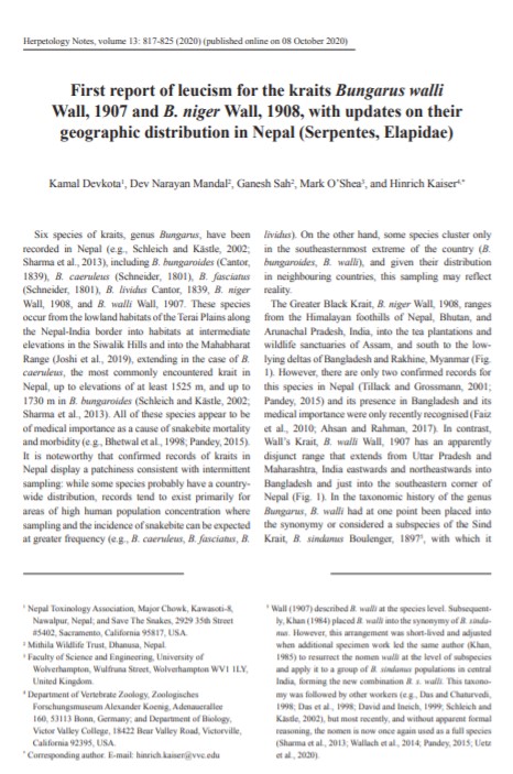 Snapshot of article on "First report of leucism for the kraits Bungarus walli Wall, 1907 and B. niger Wall, 1908, with updates on their geographic distribution in Nepal (Serpentes, Elapidae)"